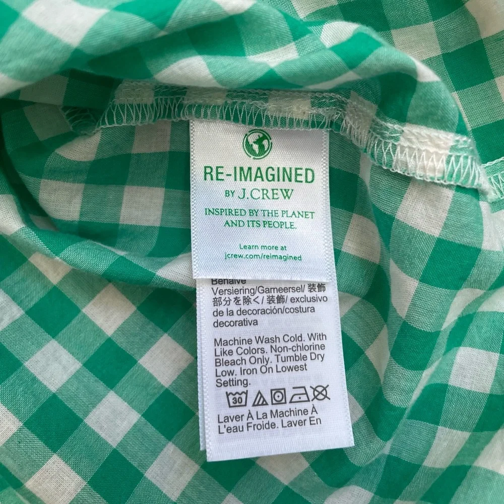 J. Crew green gingham white tie-neck smocked top small blouse preppy shirt